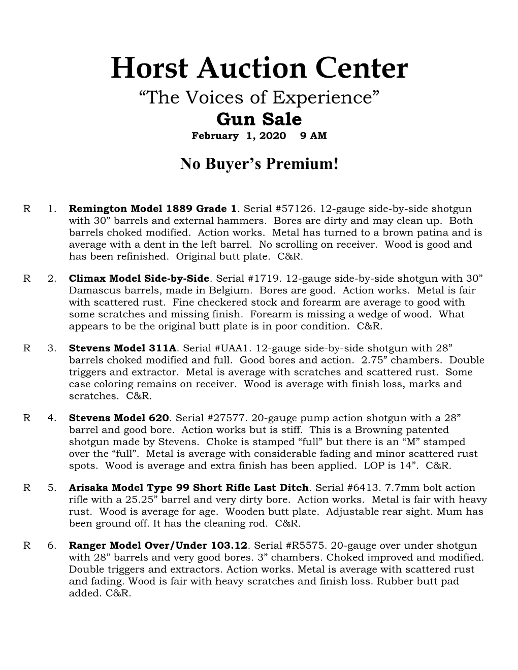 Horst Auction Center “The Voices of Experience” Gun Sale February 1, 2020 9 AM