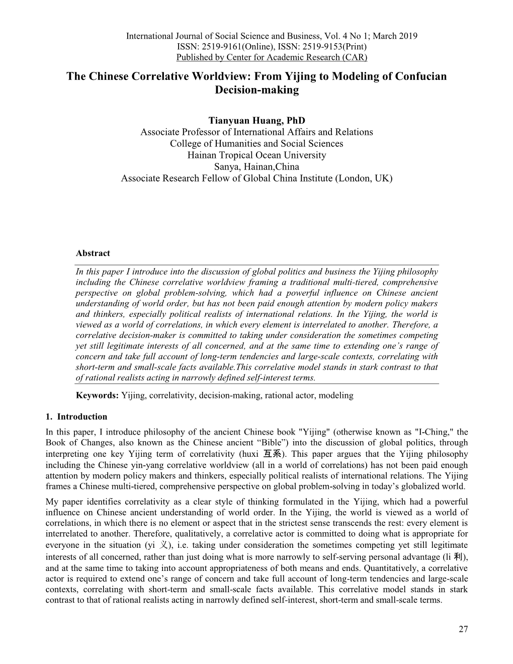 The Chinese Correlative Worldview: from Yijing to Modeling of Confucian Decision-Making