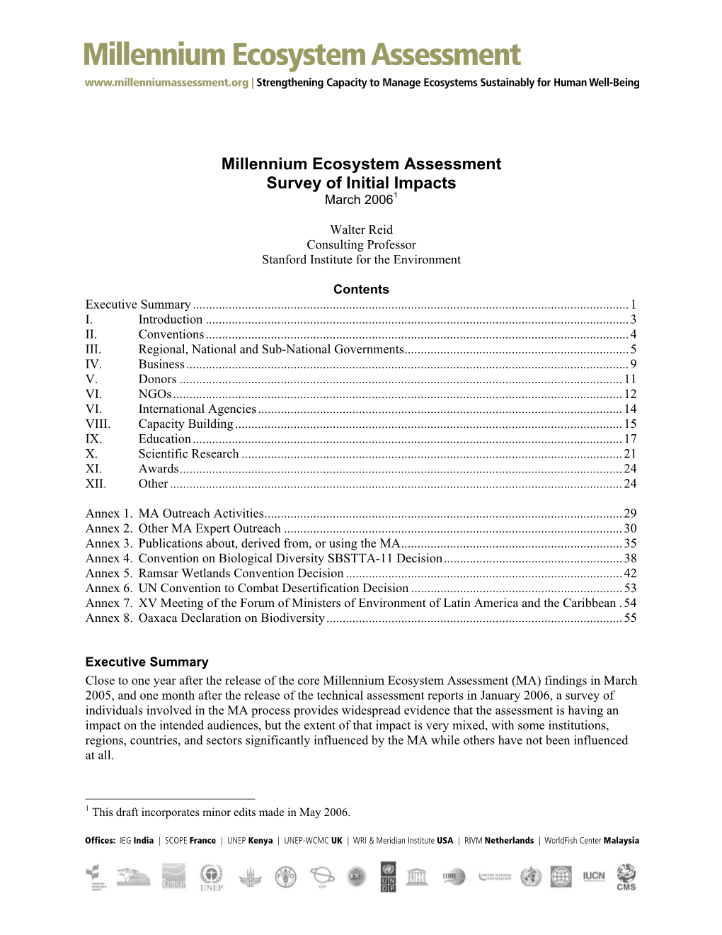 Millennium Ecosystem Assessment Survey of Initial Impacts March 20061