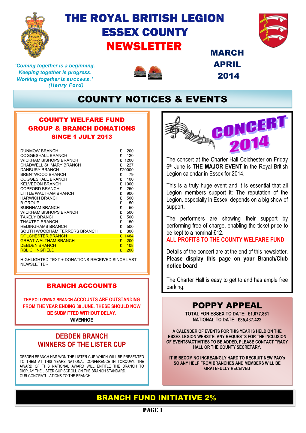 THE ROYAL BRITISH LEGION ESSEX COUNTY NEWSLETTER MARCH ‘Coming Together Is a Beginning