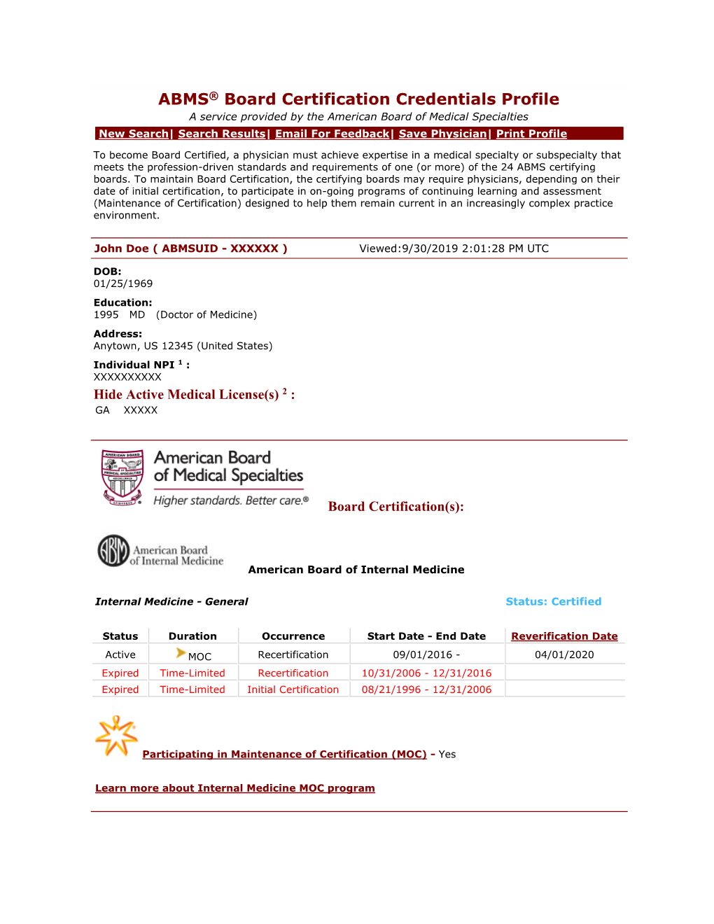 ABMS® Board Certification Credentials Profile