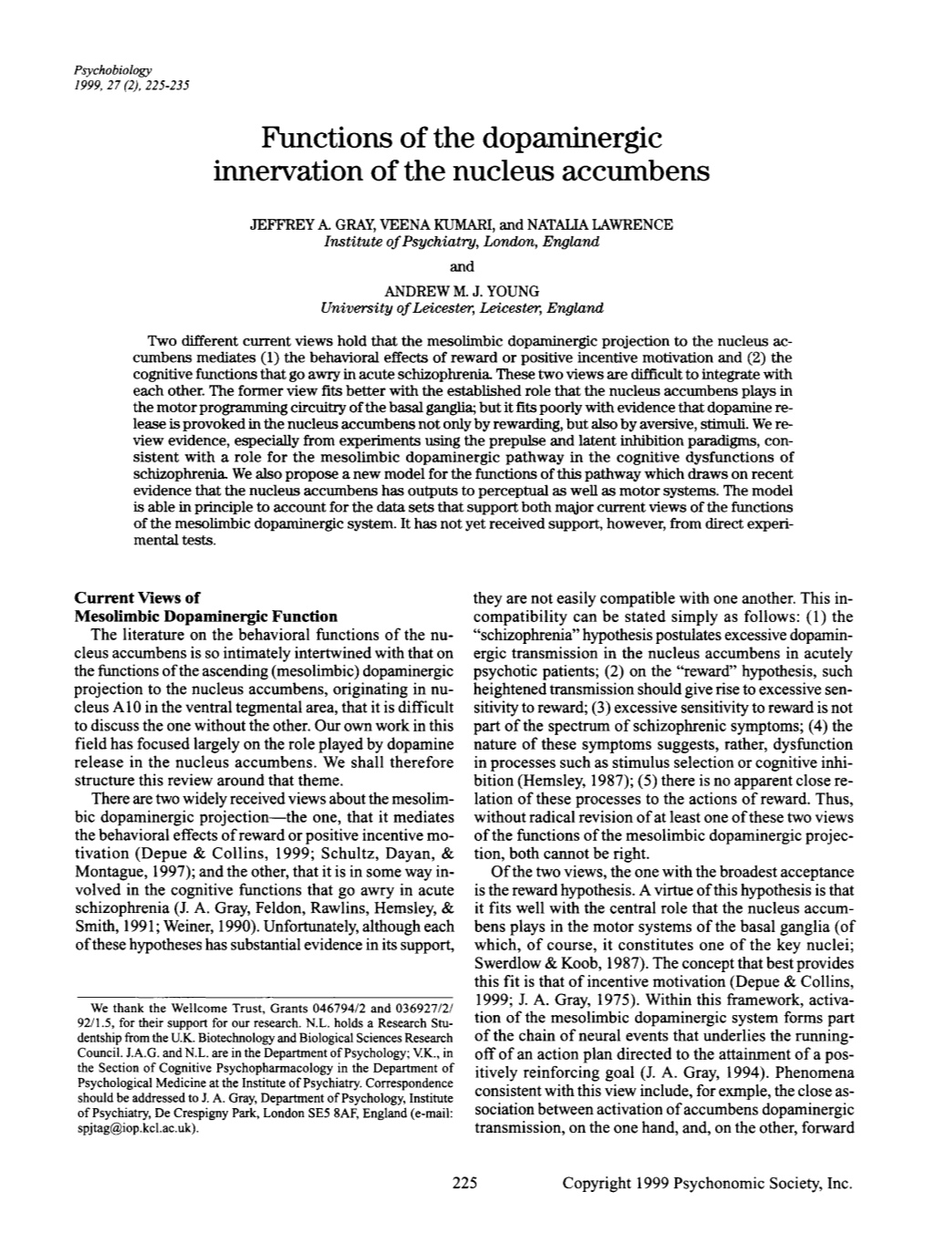 Functions of the Dopaminergic Innervation of the Nucleus Accumbens