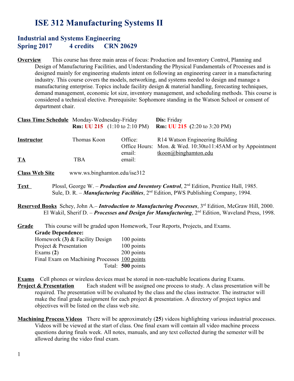 ISE 312 Manufacturing Systems II