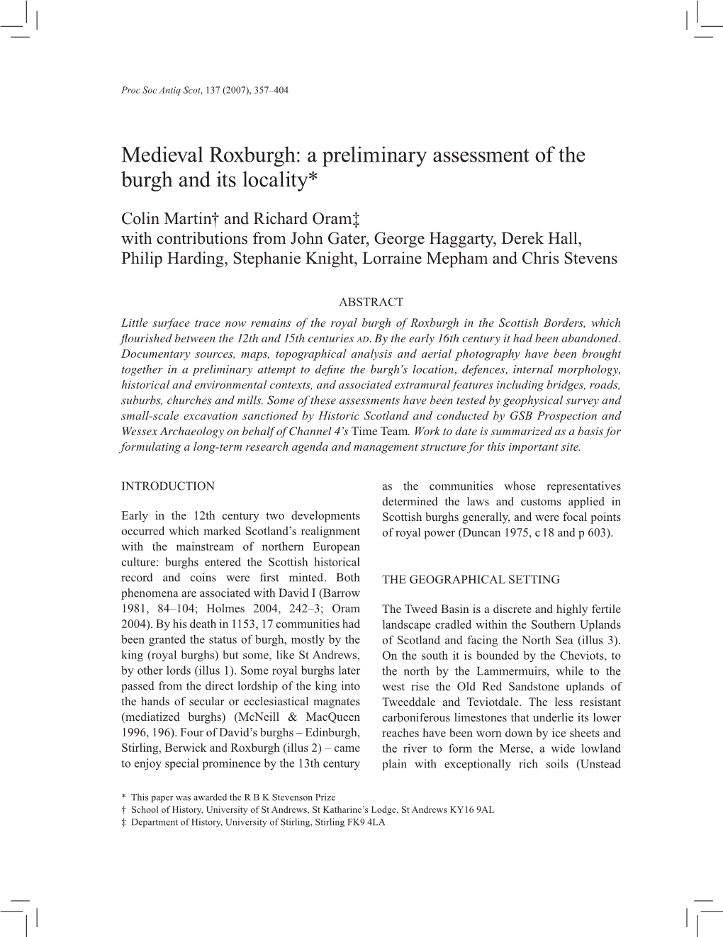 Medieval Roxburgh: a Preliminary Assessment of the Burgh and Its Locality*