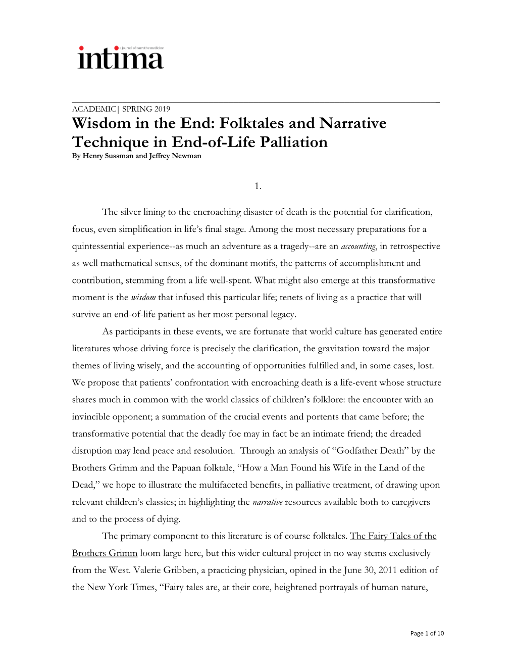 Wisdom in the End: Folktales and Narrative Technique in End-Of-Life Palliation by Henry Sussman and Jeffrey Newman