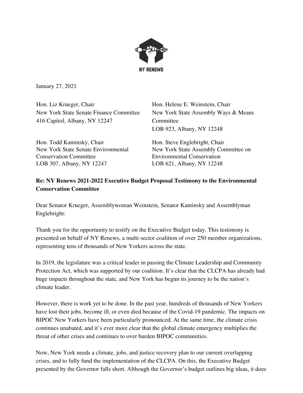 NY Renews 2021-2022 Executive Budget Proposal Testimony to the Environmental Conservation Committee