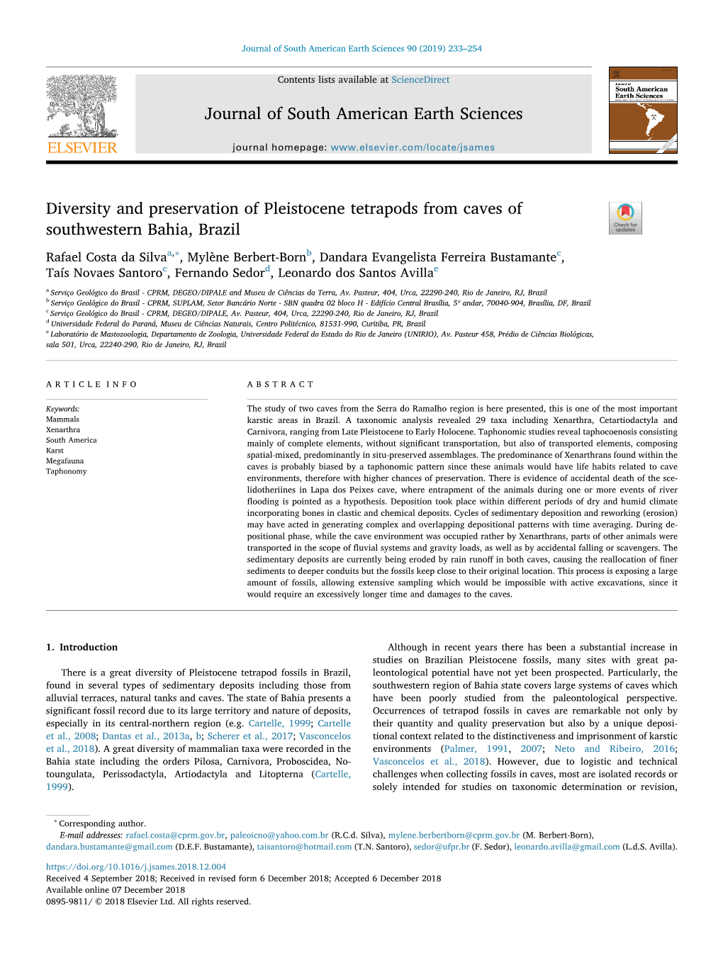 Diversity and Preservation of Pleistocene Tetrapods from Caves of Southwestern Bahia, Brazil T