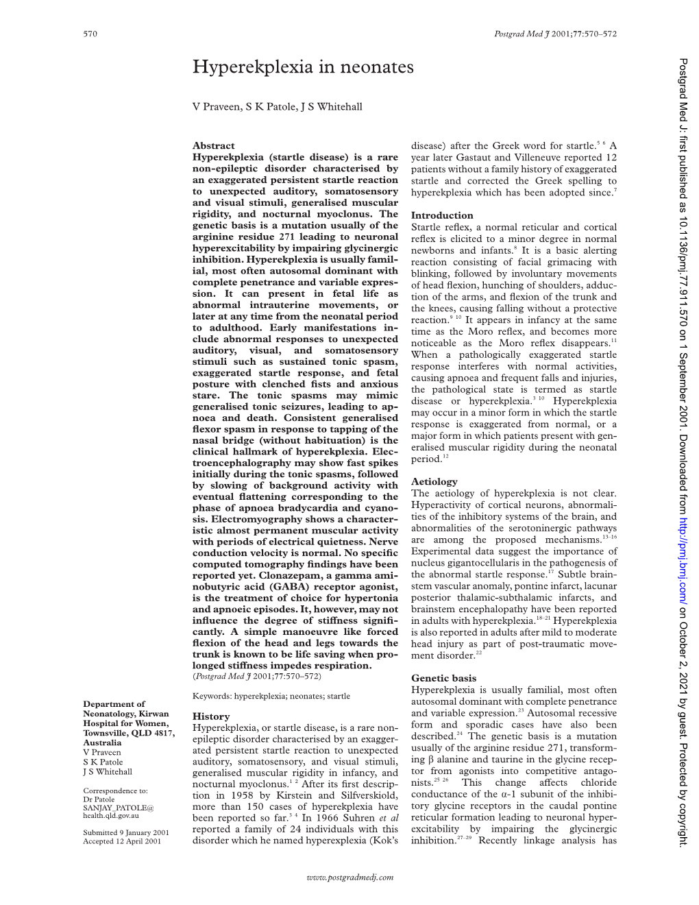 Hyperekplexia in Neonates Postgrad Med J: First Published As 10.1136/Pmj.77.911.570 on 1 September 2001