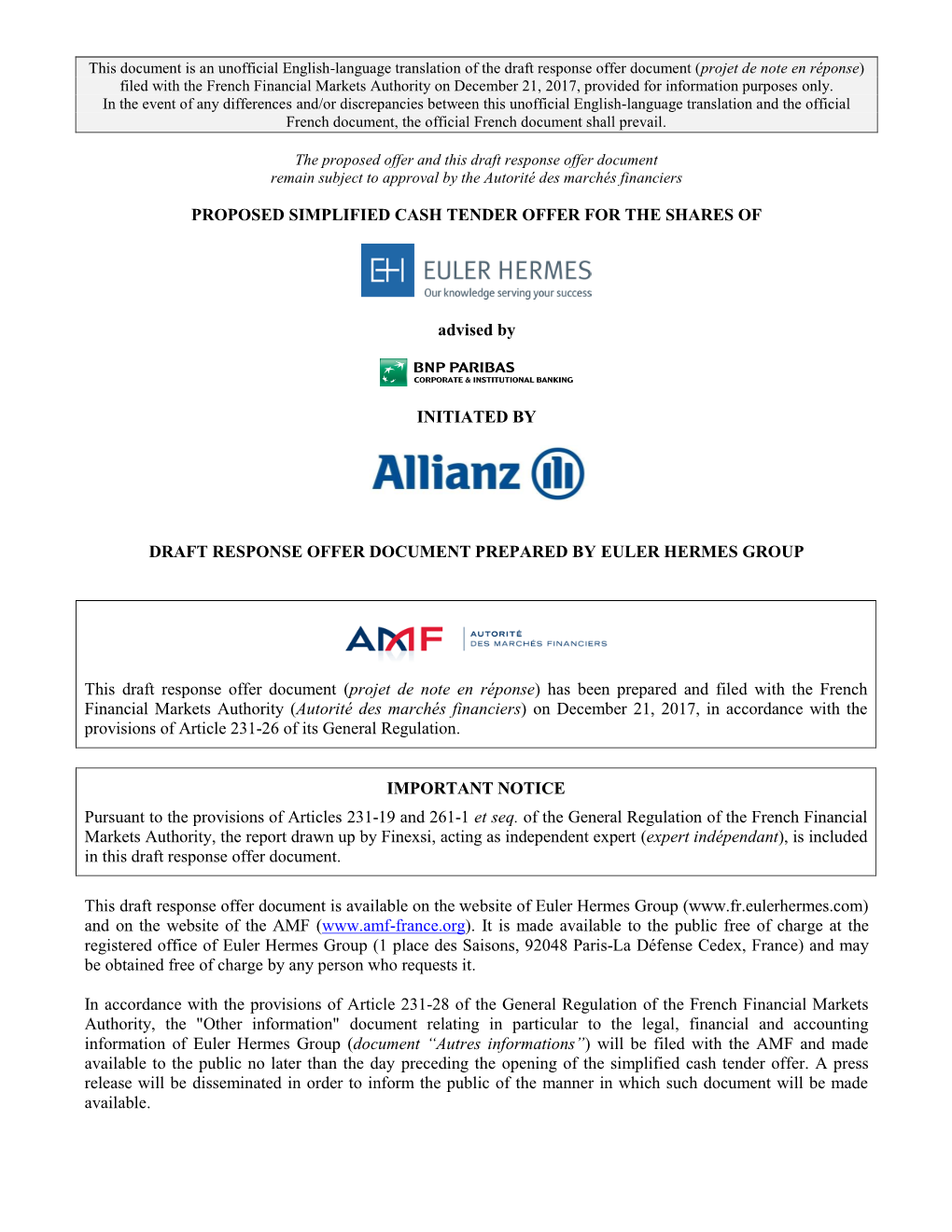 Draft Response Offer Document Prepared by Euler Hermes Group