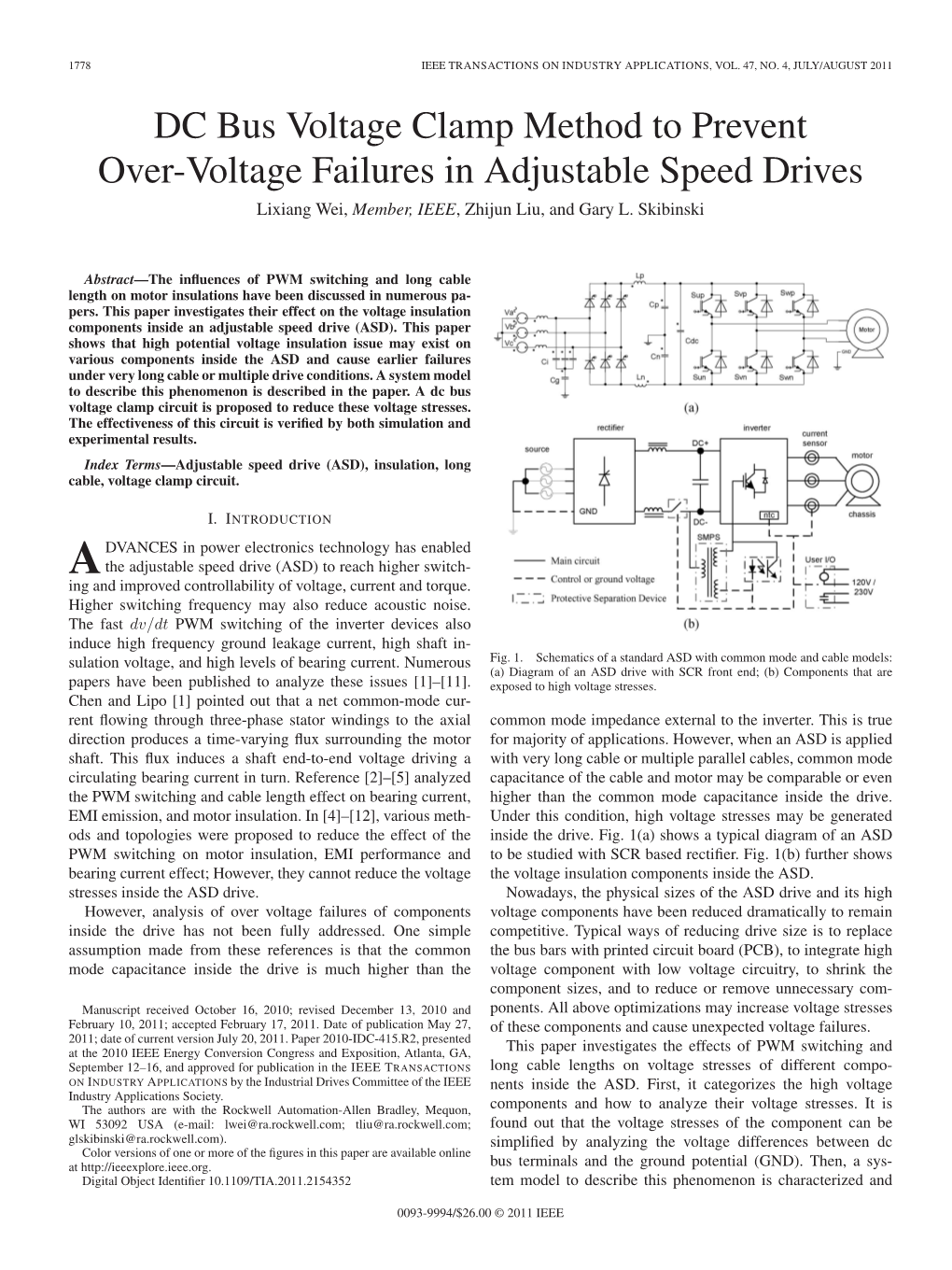 DC Bus Voltage Clamp Method to Prevent Over-Voltage Failures in Adjustable Speed Drives Lixiang Wei, Member, IEEE, Zhijun Liu, and Gary L