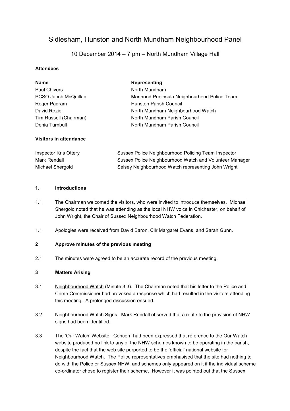 Sidlesham, Hunston and North Mundham Neighbourhood Panel