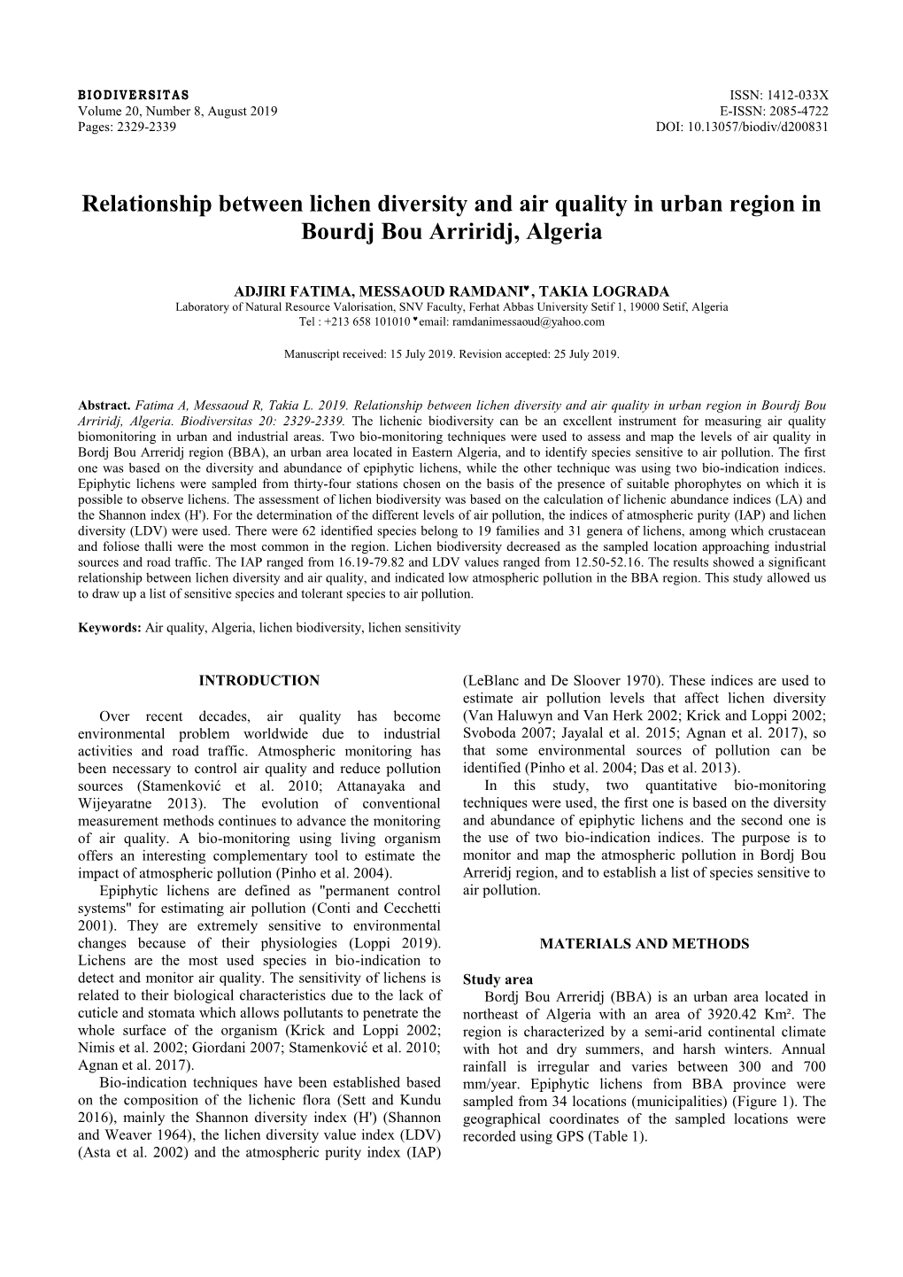 Relationship Between Lichen Diversity and Air Quality in Urban Region in Bourdj Bou Arriridj, Algeria