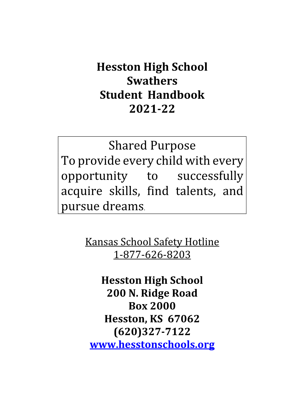 Hesston High School Swathers Student Handbook 2021-22