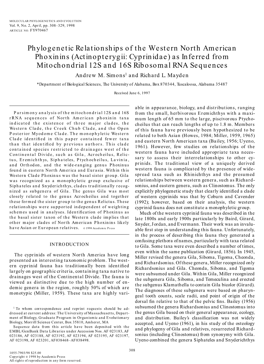 Phylogenetic Relationships of the Western North American Phoxinins (Actinopterygii: Cyprinidae) As Inferred from Mitochondrial 1