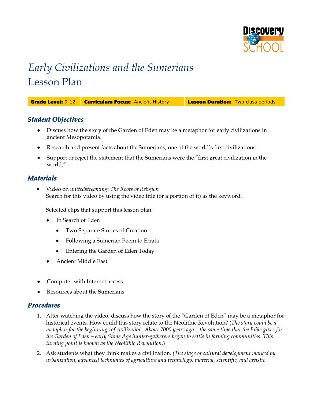 Early Civilizations and the Sumerians Lesson Plan