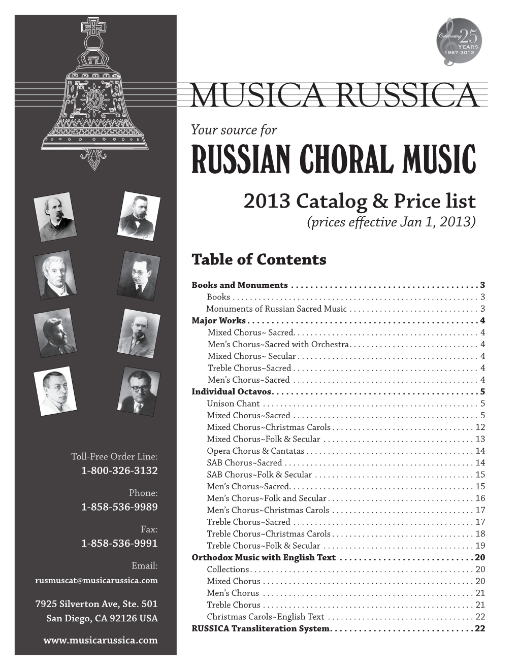 RUSSIAN CHORAL MUSIC 2013 Catalog & Price List (Prices Effective Jan 1, 2013)