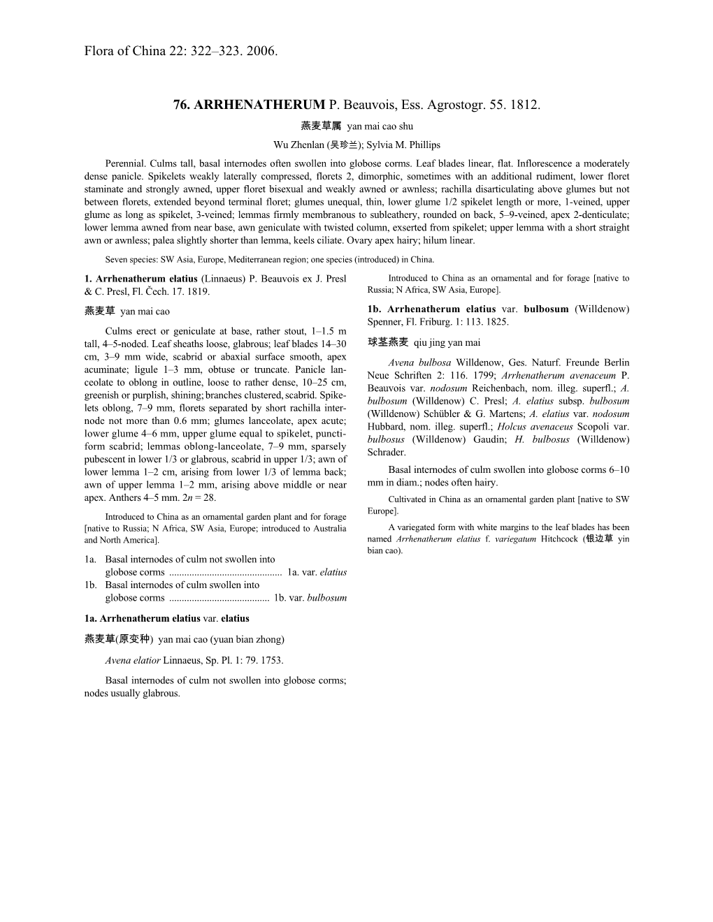 Flora of China 22: 322–323. 2006. 76. ARRHENATHERUM P. Beauvois