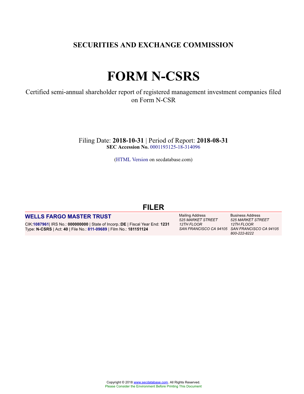 WELLS FARGO MASTER TRUST Form N-CSRS Filed 2018-10-31