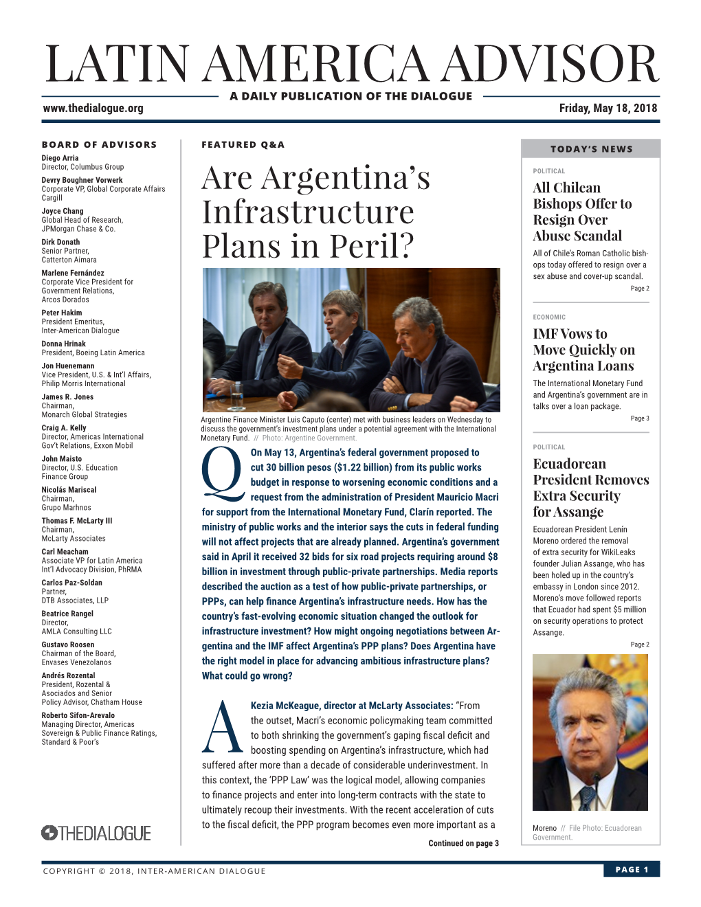 LATIN AMERICA ADVISOR a DAILY PUBLICATION of the DIALOGUE Friday, May 18, 2018