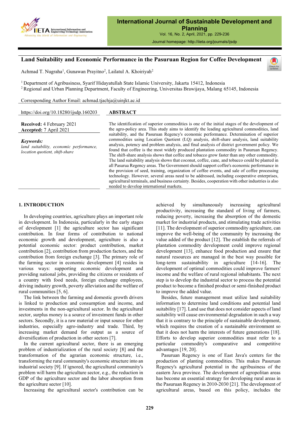 Land Suitability and Economic Performance in the Pasuruan Region for Coffee Development