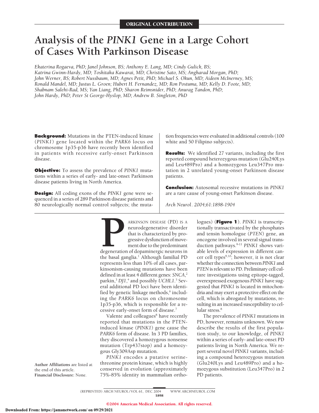 Analysis of the PINK1 Gene in a Large Cohort of Cases with Parkinson Disease