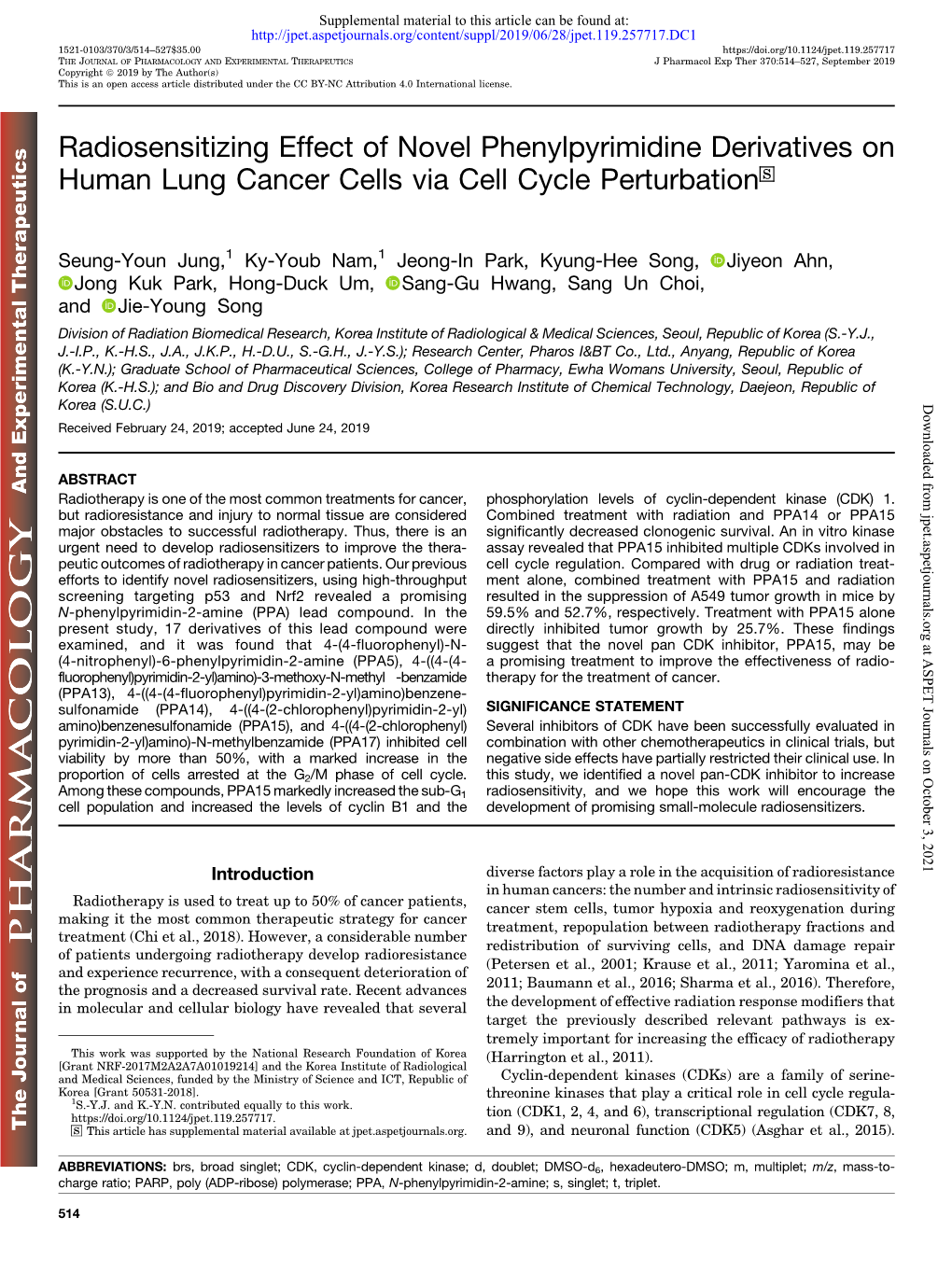 Radiosensitizing Effect of Novel Phenylpyrimidine Derivatives on Human Lung Cancer Cells Via Cell Cycle Perturbation S