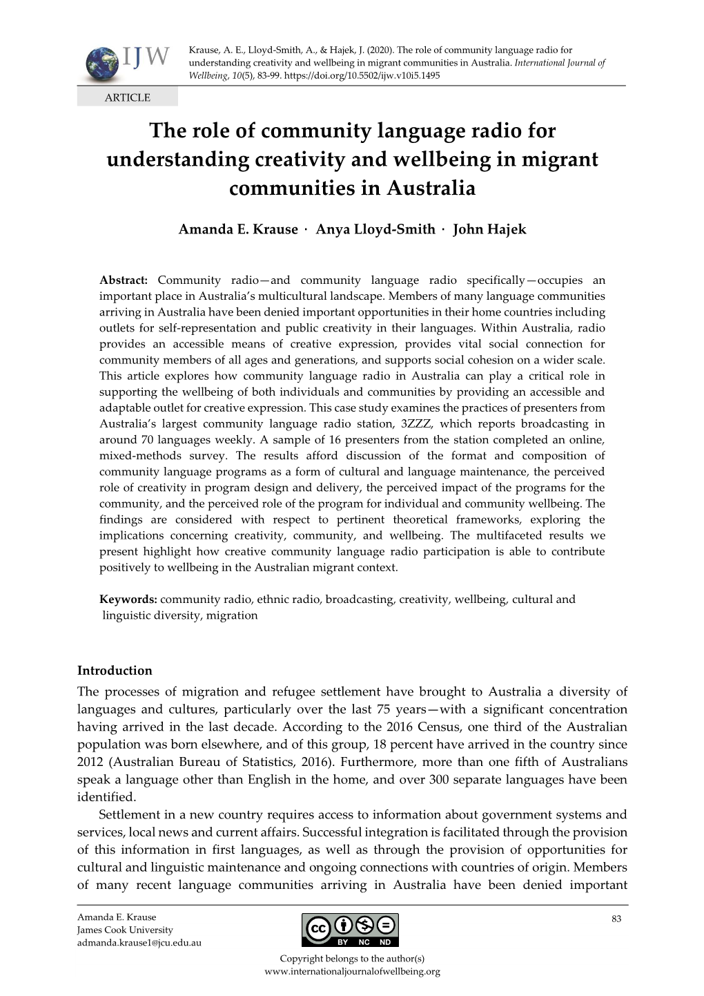 The Role of Community Language Radio for Understanding Creativity and Wellbeing in Migrant Communities in Australia