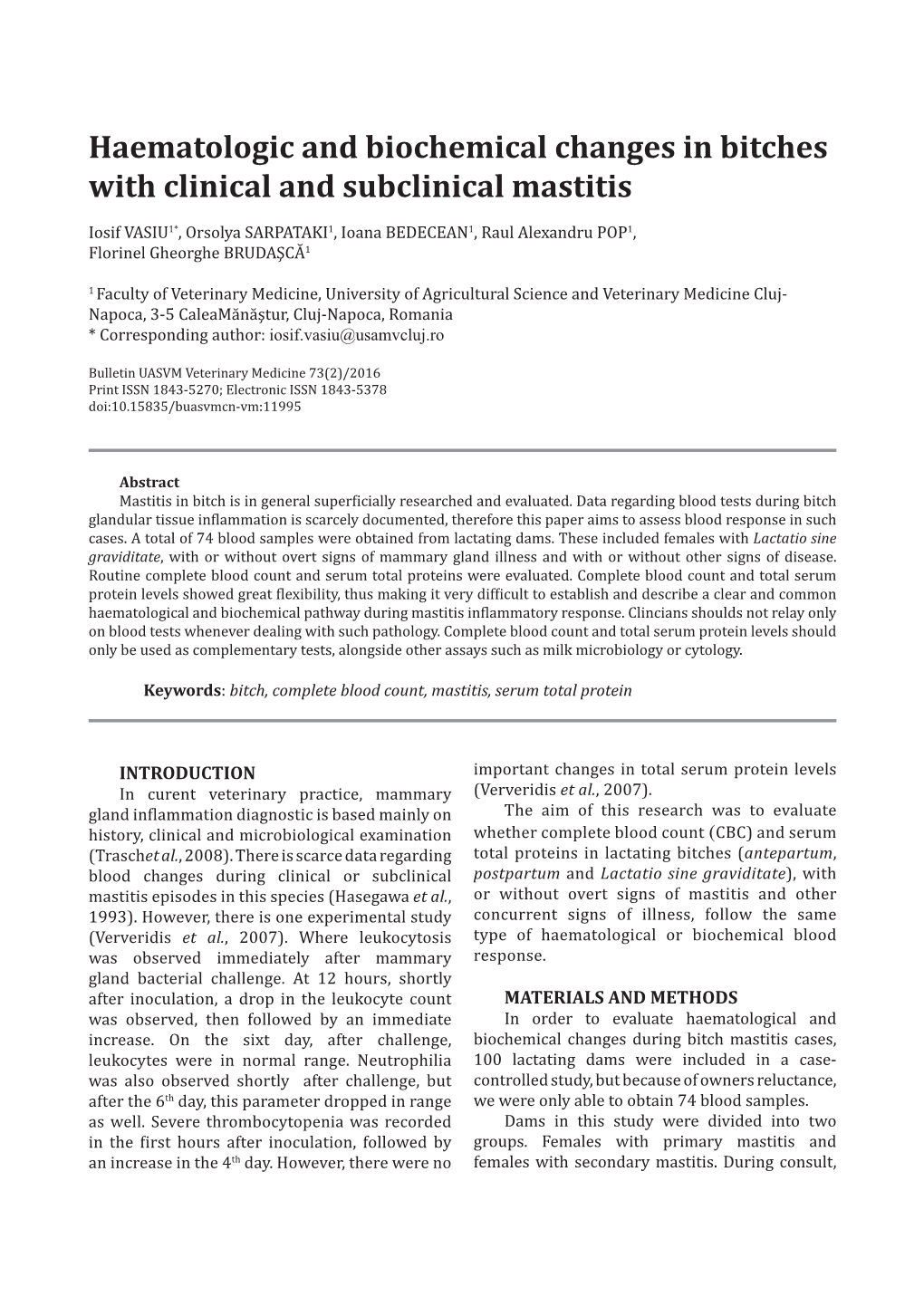 Haematologic and Biochemical Changes in Bitches with Clinical and Subclinical Mastitis