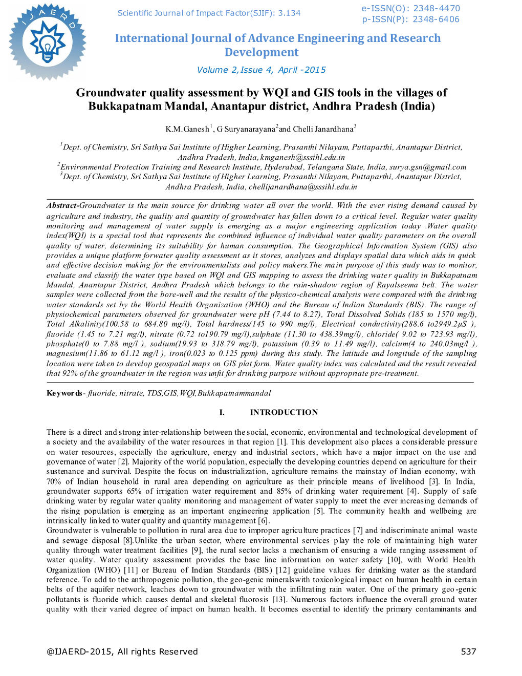 Groundwater Quality Assessment by WQI and GIS Tools in the Villages of Bukkapatnam Mandal, Anantapur District, Andhra Pradesh (India)