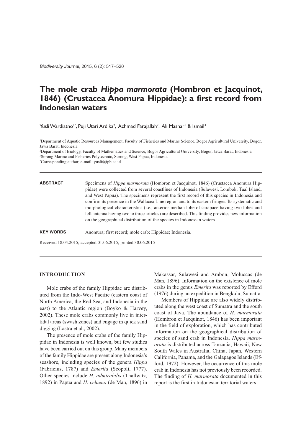 The Mole Crab Hippa Marmorata (Hombron Et Jacquinot, 1846) (Crustacea Anomura Hippidae): a First Record from Indonesian Waters