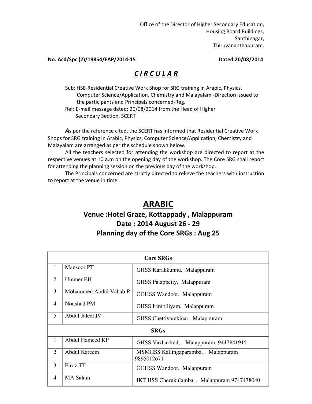 Arabic, Physics, Computer Science/Application, Chemistry and Malayalam -Direction Issued to the Participants and Principals Concerned-Reg