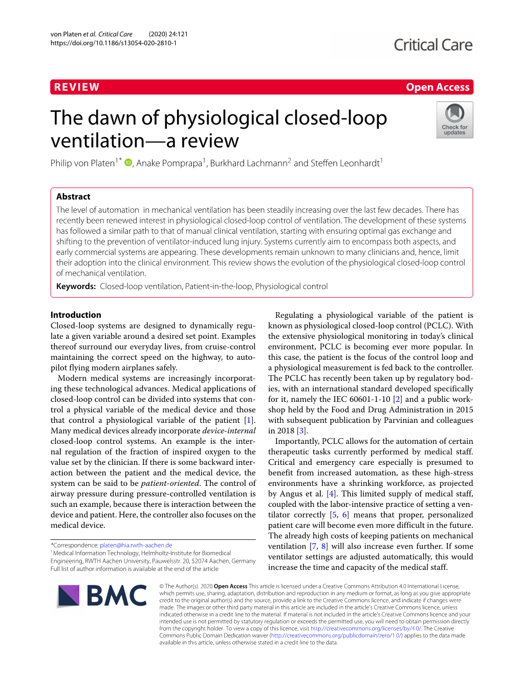 The Dawn of Physiological Closed-Loop Ventilation—A Review Philip Von Platen1* , Anake Pomprapa1, Burkhard Lachmann2 and Steffen Leonhardt1