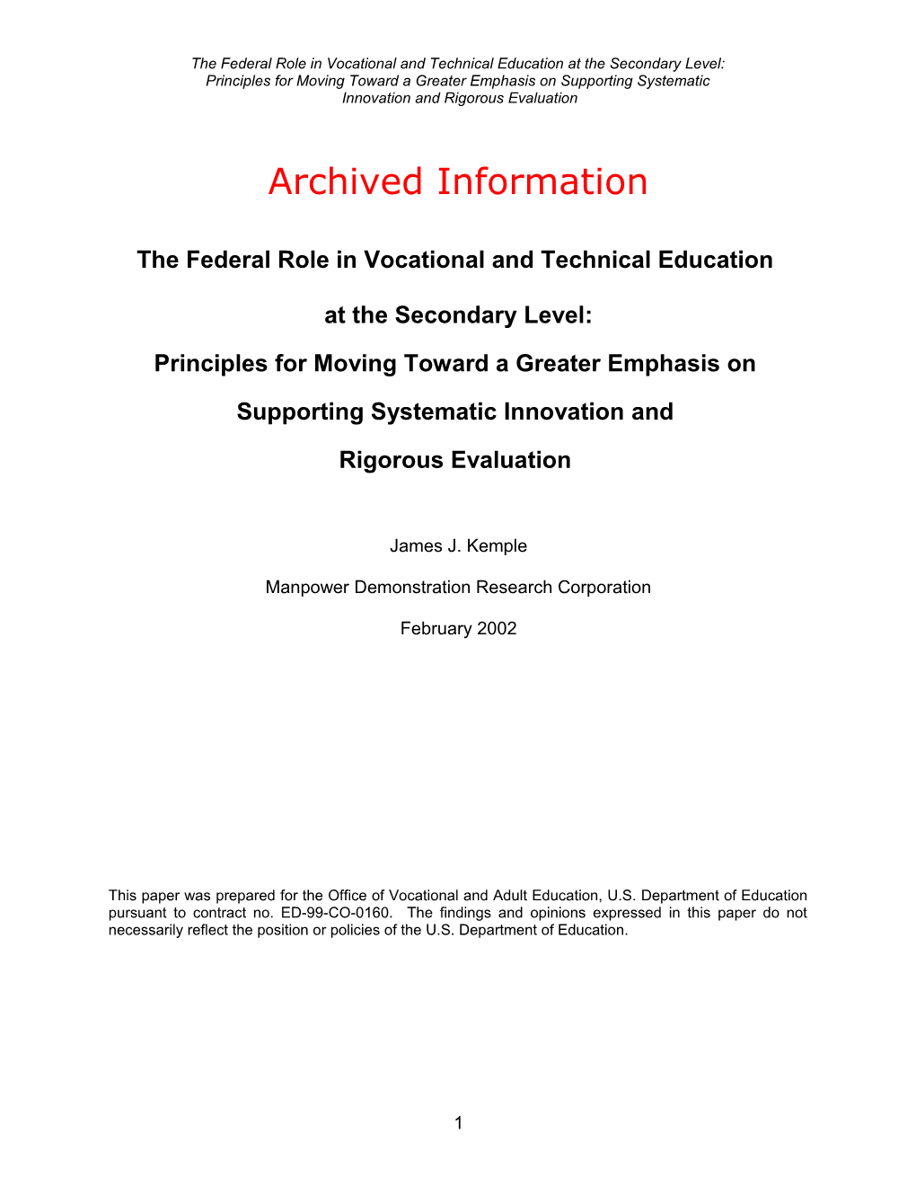 Archived: the Federal Role in Vocational and Technical Education (MS Word)