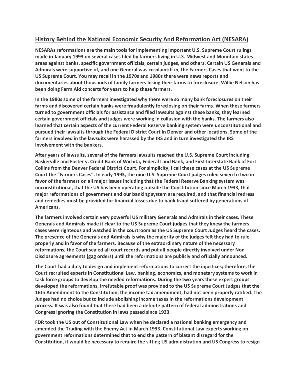 History Behind the National Economic Security and Reformation Act (NESARA) Nesaras Reformations Are the Main Tools for Implementing Important U.S