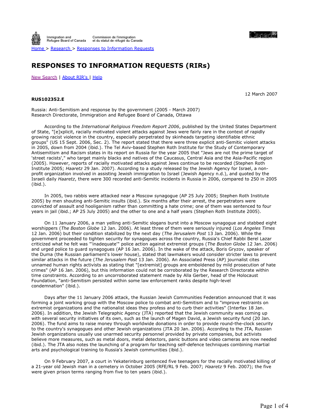 Anti-Semitism and Response by the Government (2005 - March 2007) Research Directorate, Immigration and Refugee Board of Canada, Ottawa