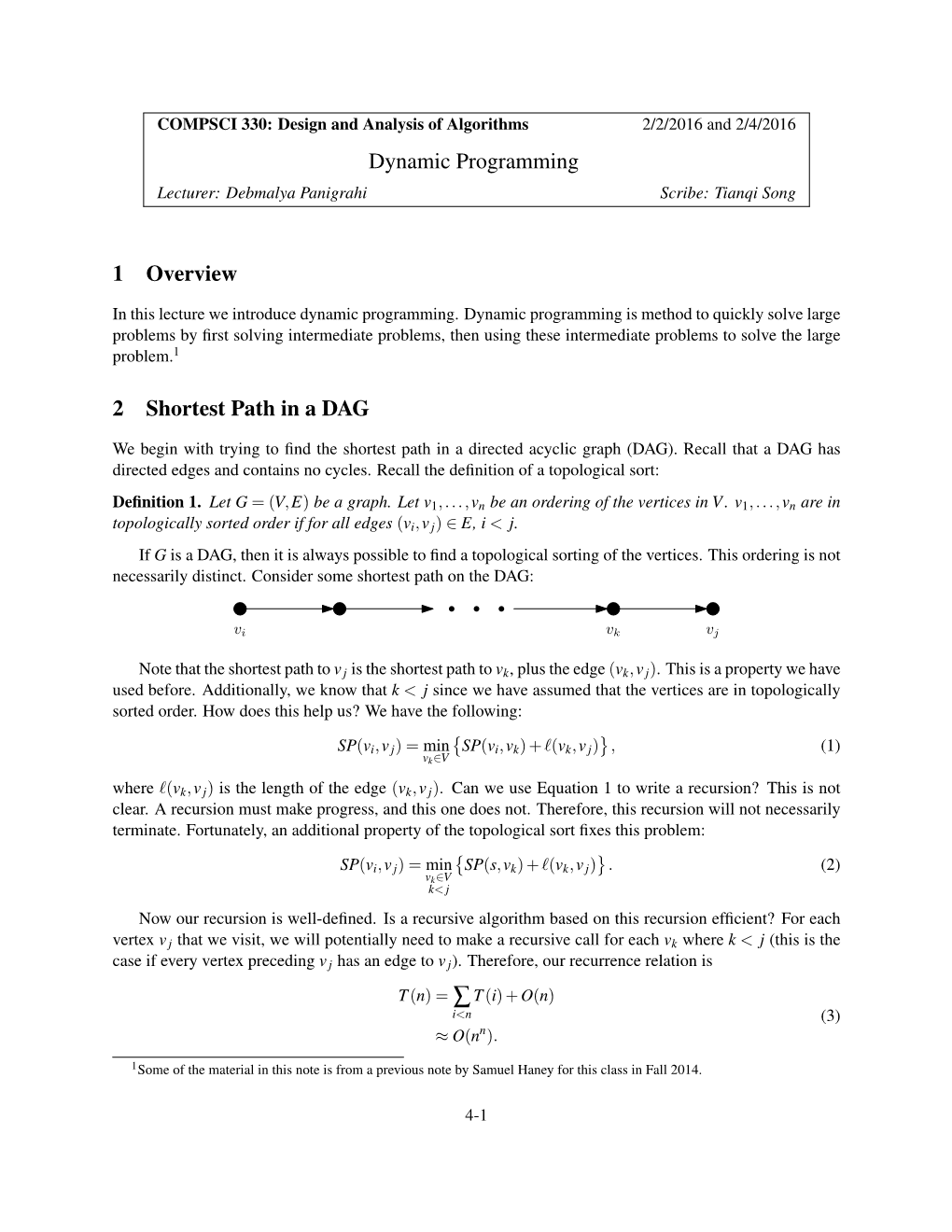 Dynamic Programming 1 Overview 2 Shortest Path in A