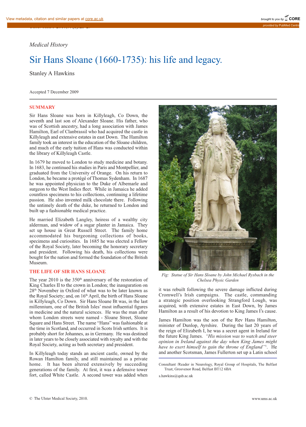 Sir Hans Sloane (1660-1735): His Life and Legacy