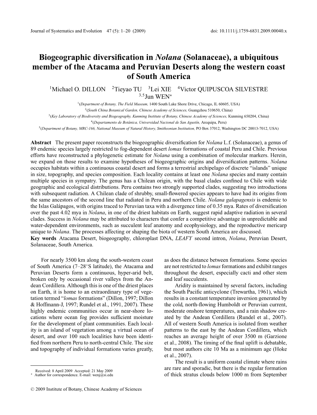 Biogeographic Diversification in Nolana (Solanaceae), a Ubiquitous Member of the Atacama and Peruvian Deserts Along the Western