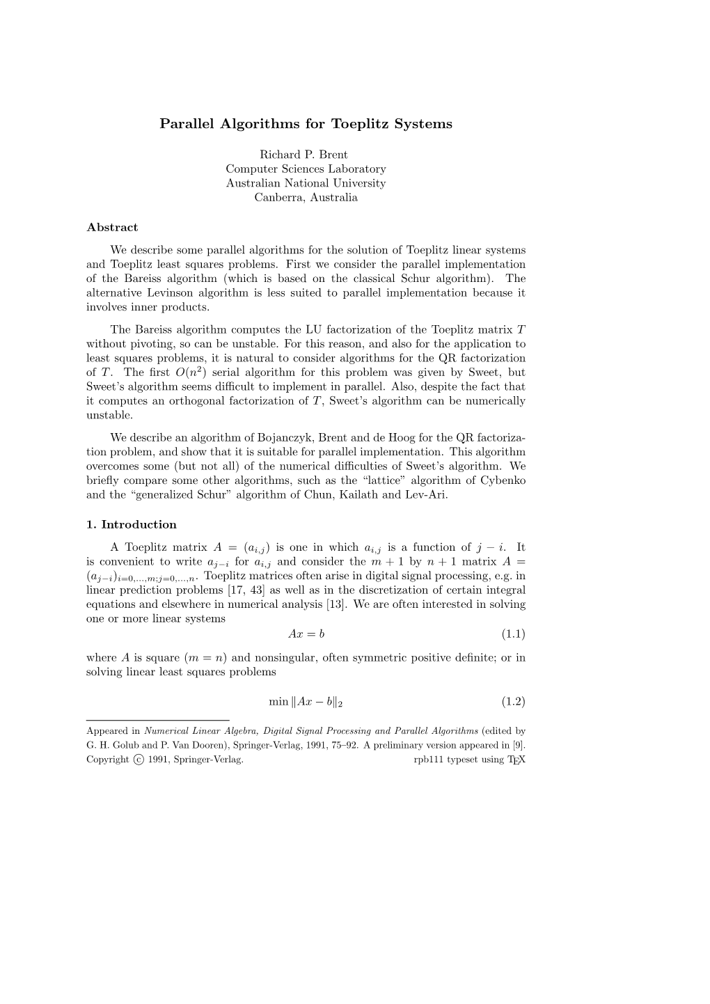 Parallel Algorithms for Toeplitz Systems