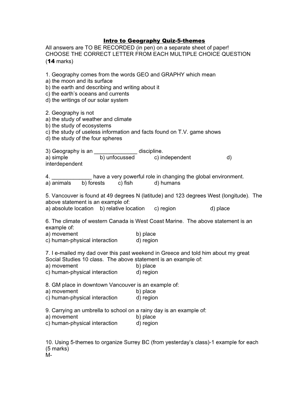 Social Studies 10-Intro to Geography Quiz