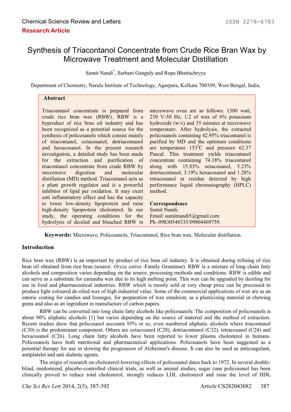 Synthesis of Triacontanol Concentrate from Crude Rice Bran Wax by Microwave Treatment and Molecular Distillation