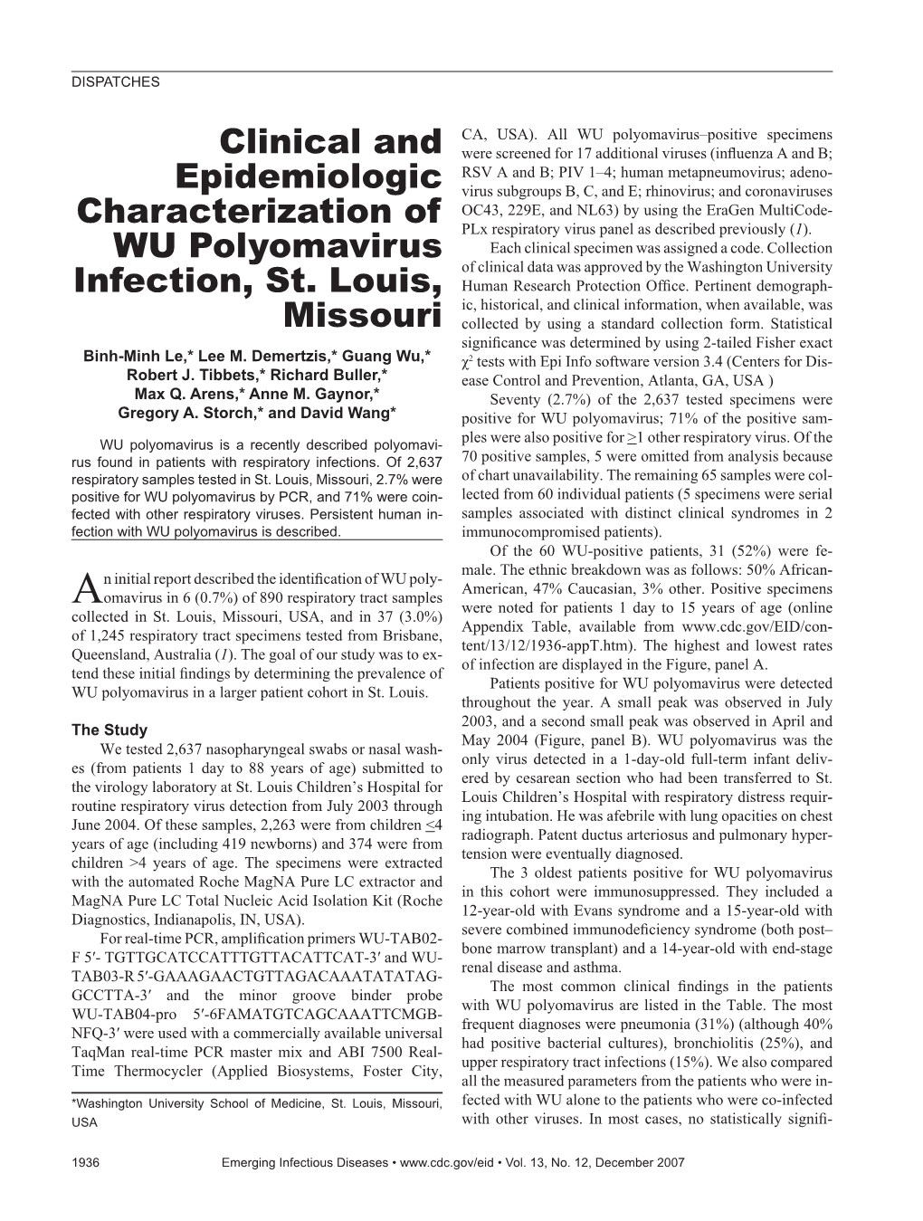 Clinical and Epidemiologic Characterization of WU