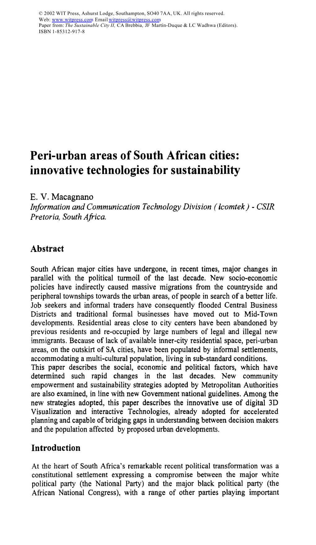 Peri-Urban Areas of South African Cities: Innovative Technologies for Sustainability