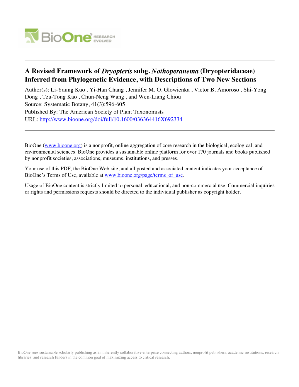 Dryopteridaceae) Inferred from Phylogenetic Evidence, with Descriptions of Two New Sections Author(S): Li-Yaung Kuo , Yi-Han Chang , Jennifer M