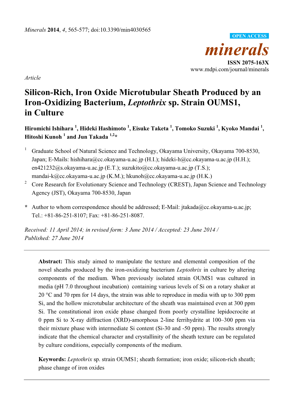 Silicon-Rich, Iron Oxide Microtubular Sheath Produced by an Iron-Oxidizing Bacterium, Leptothrix Sp. Strain OUMS1, in Culture