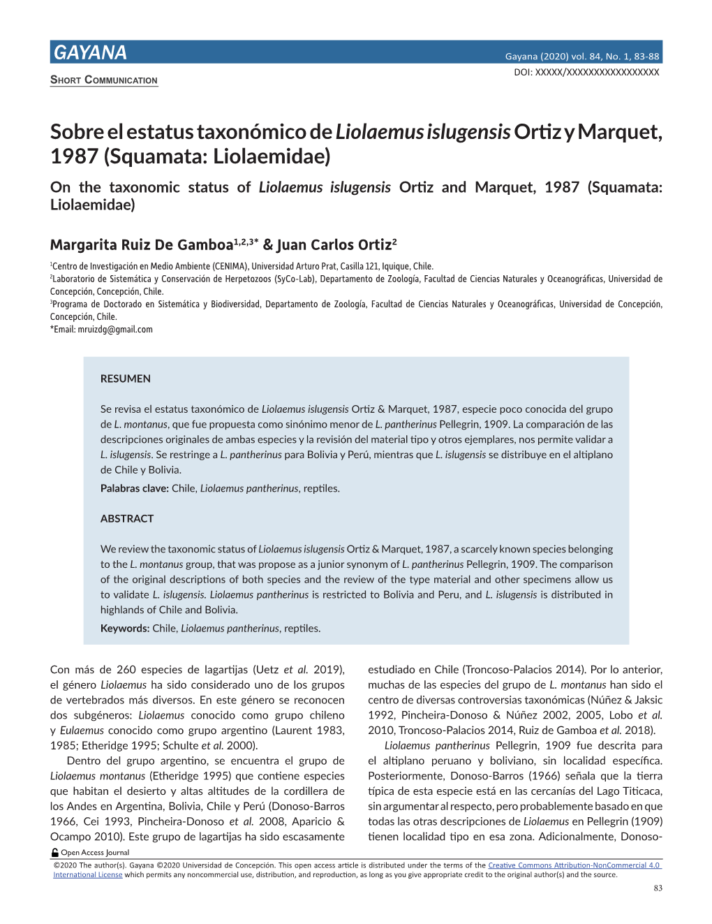 GAYANA Sobre El Estatus Taxonómico De Liolaemus Islugensisortiz Y