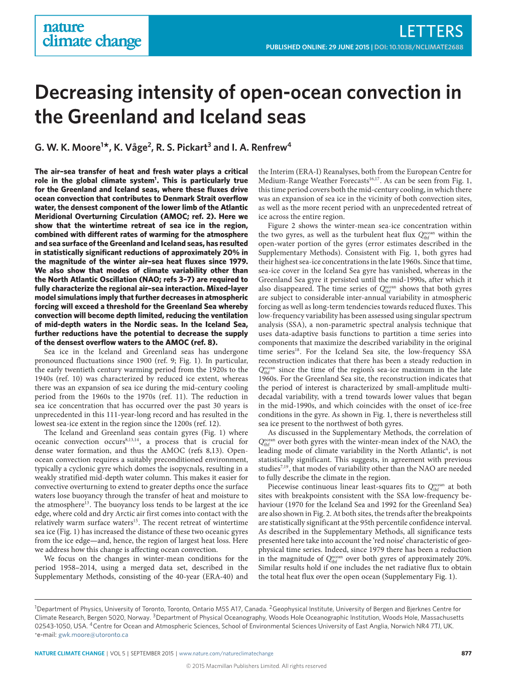 Decreasing Intensity of Open-Ocean Convection in the Greenland and Iceland Seas