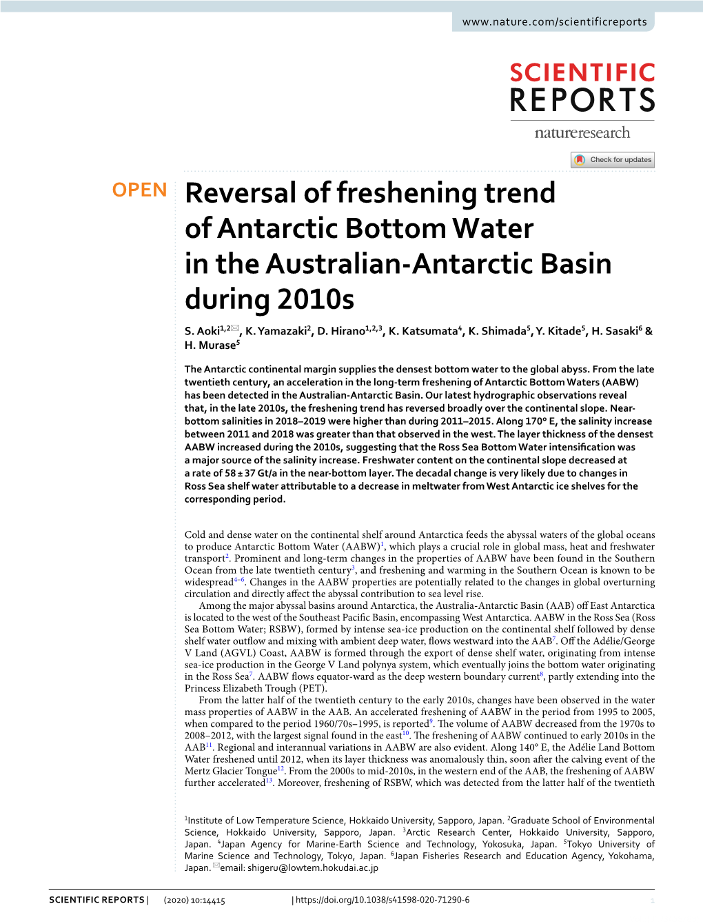 Reversal of Freshening Trend of Antarctic Bottom Water in the Australian‑Antarctic Basin During 2010S S