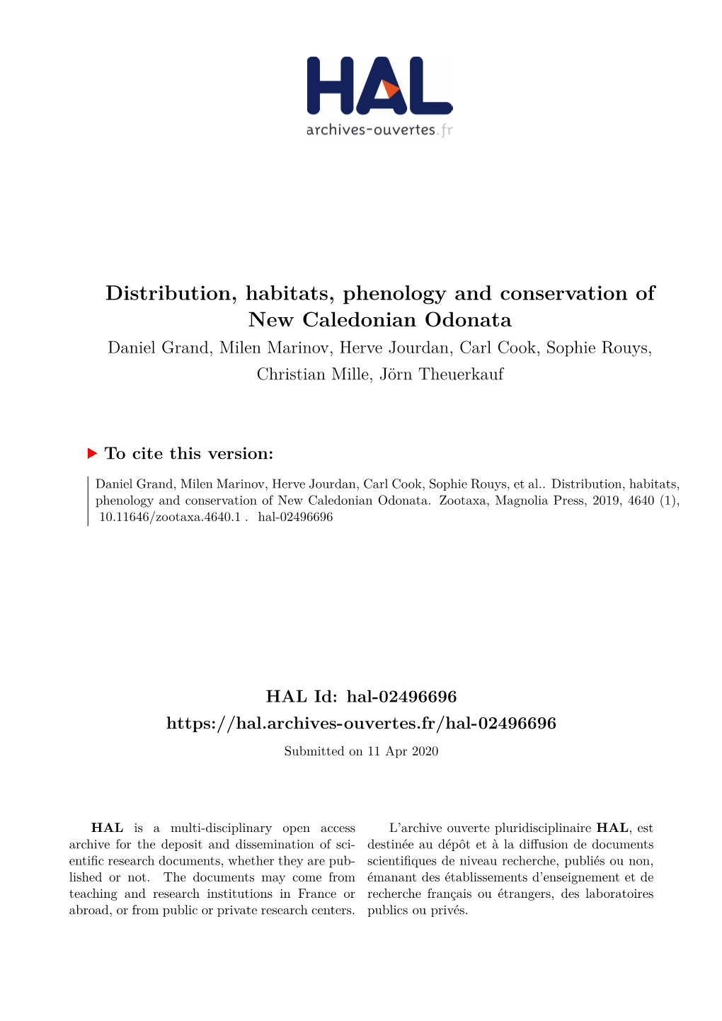 Distribution, Habitats, Phenology and Conservation of New Caledonian Odonata