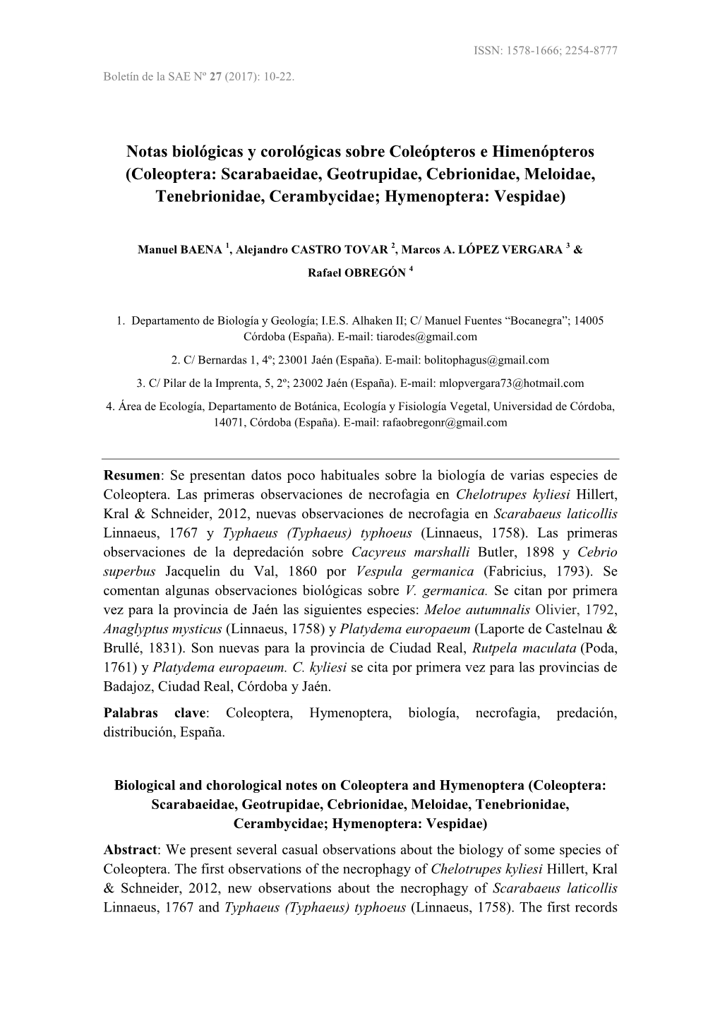 Notas Biológicas Y Corológicas Sobre Coleópteros E Himenópteros